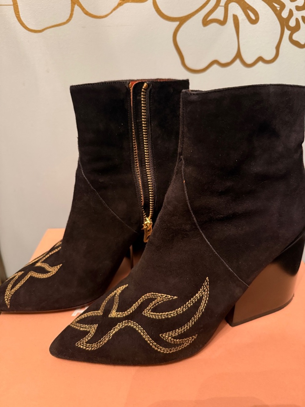 Acne Black Suede Pointed Ankle Boots with Gold Embroidery - Picture 3 of 5